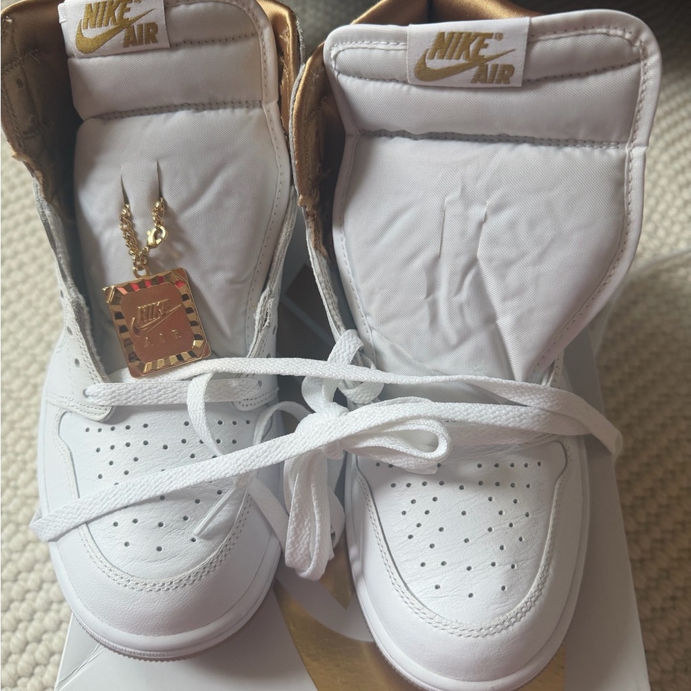 Nike White and Gold High-Top Sneakers with Gold Charm